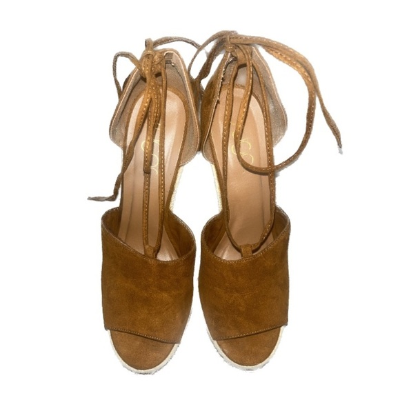 Sugar Suede Sz 7.5 Brown Peep Toe Wrap Around Ankle Tie Lace-Up Heels Wedged - Picture 4 of 7